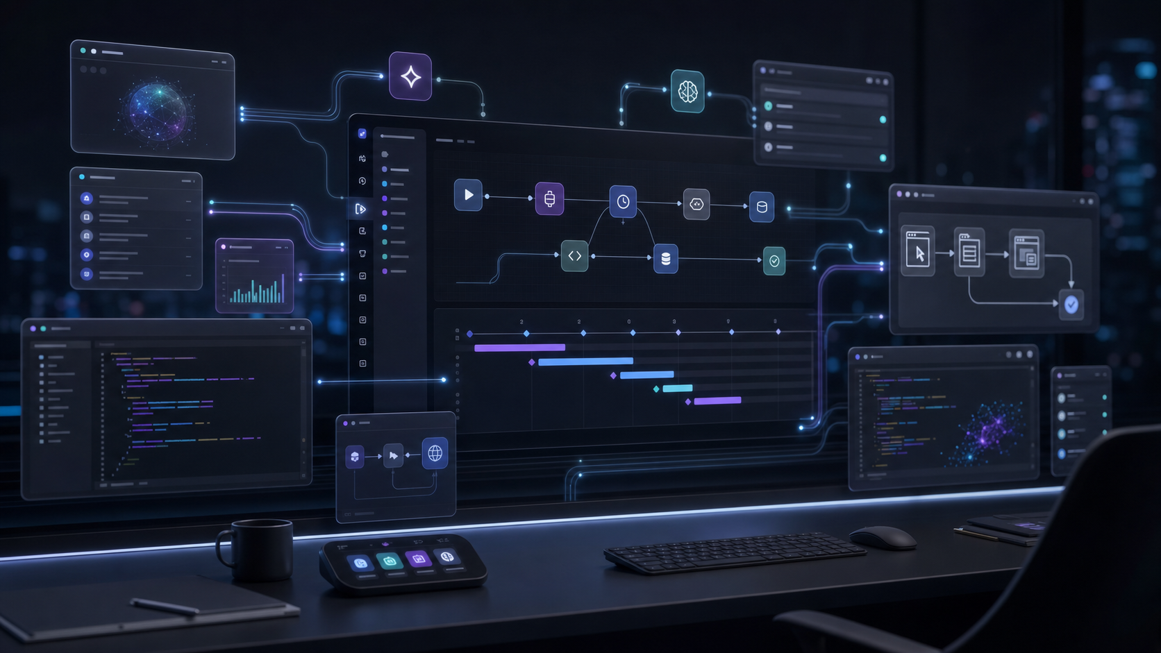AI workflow automation dashboard with connected apps and code panels
