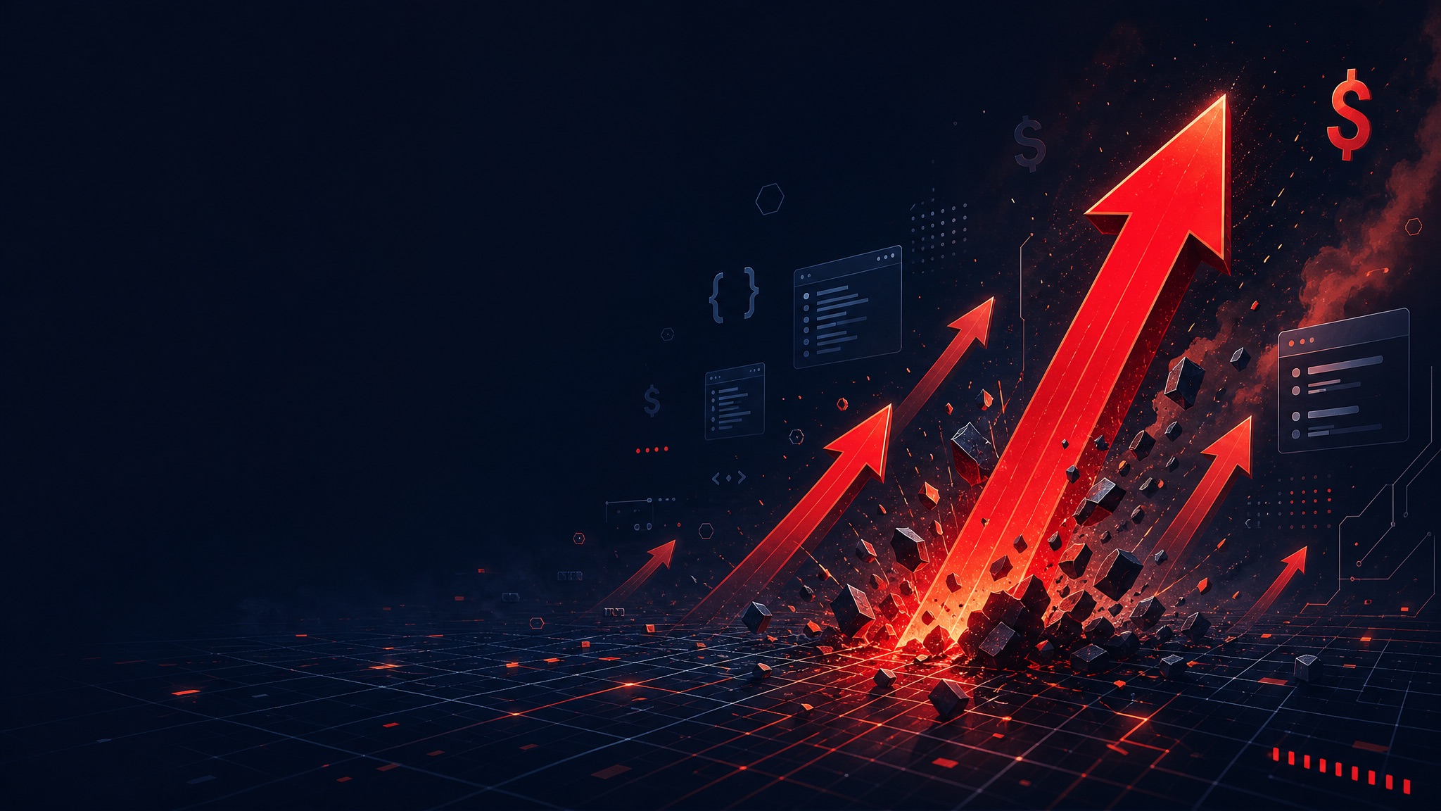 AI API costs rising with red arrows on dark background